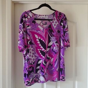 Susan Graver Liquid Knit Pullover, V-Neck, S/S, Multi-colored (Purple) print, L